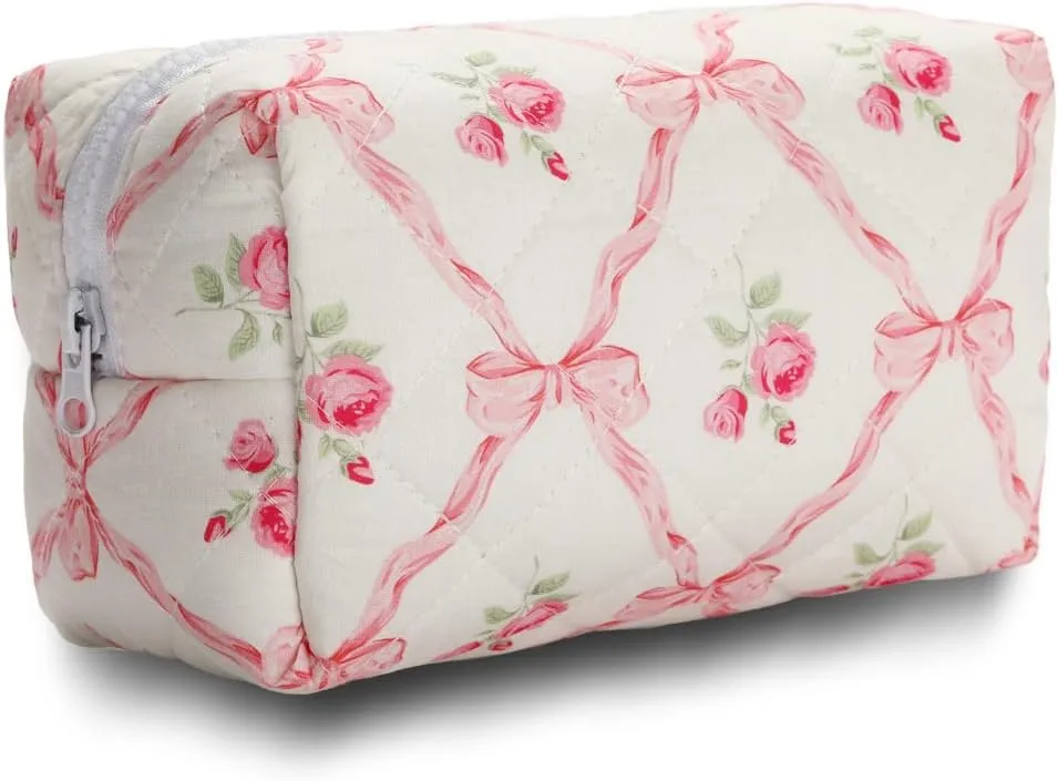 Quilted Makeup Bag Small Cotton Floral Cosmetic Makeup Bag Organizer, Aesthetic Portable Pouch Purse Toiletry Bag for Women Girls