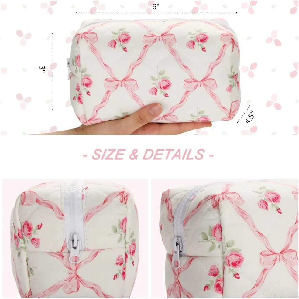 Quilted Makeup Bag Small Cotton Floral Cosmetic Makeup Bag Organizer, Aesthetic Portable Pouch Purse Toiletry Bag for Women Girls