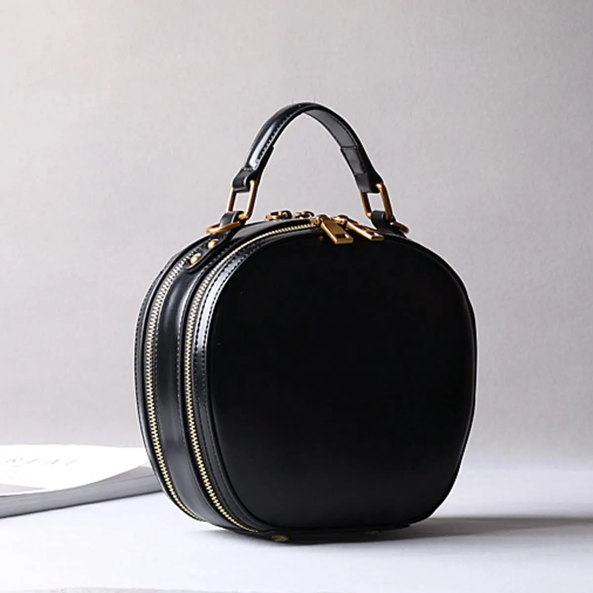 Retro Round Handbags for Women Cowhide Top-Handle Satchel Fashion Purse Small Shoulder Bag Tote Clutch