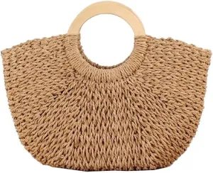 Retro Women's Hand-Woven Round Handle Straw Striped Summer Beach Bag Camel, One Color, One Size