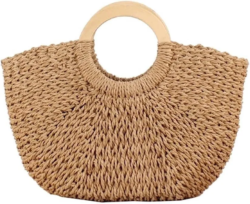 Retro Women's Hand-Woven Round Handle Straw Striped Summer Beach Bag Camel, One Color, One Size