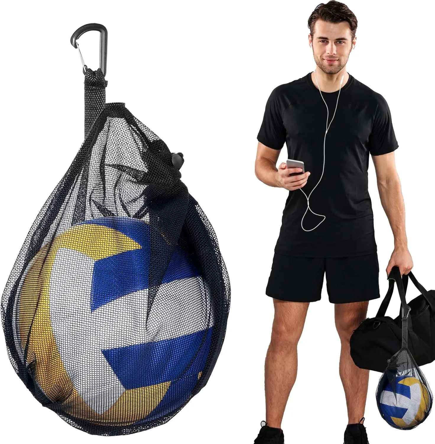 Single Ball Bag, Volleyball bag, Breathable Mesh Ball Storage Bags with Zipper Pocket, Drawstring Sling Back Bags with Buckle Clip for Basketball Football Badminton Beach Polo