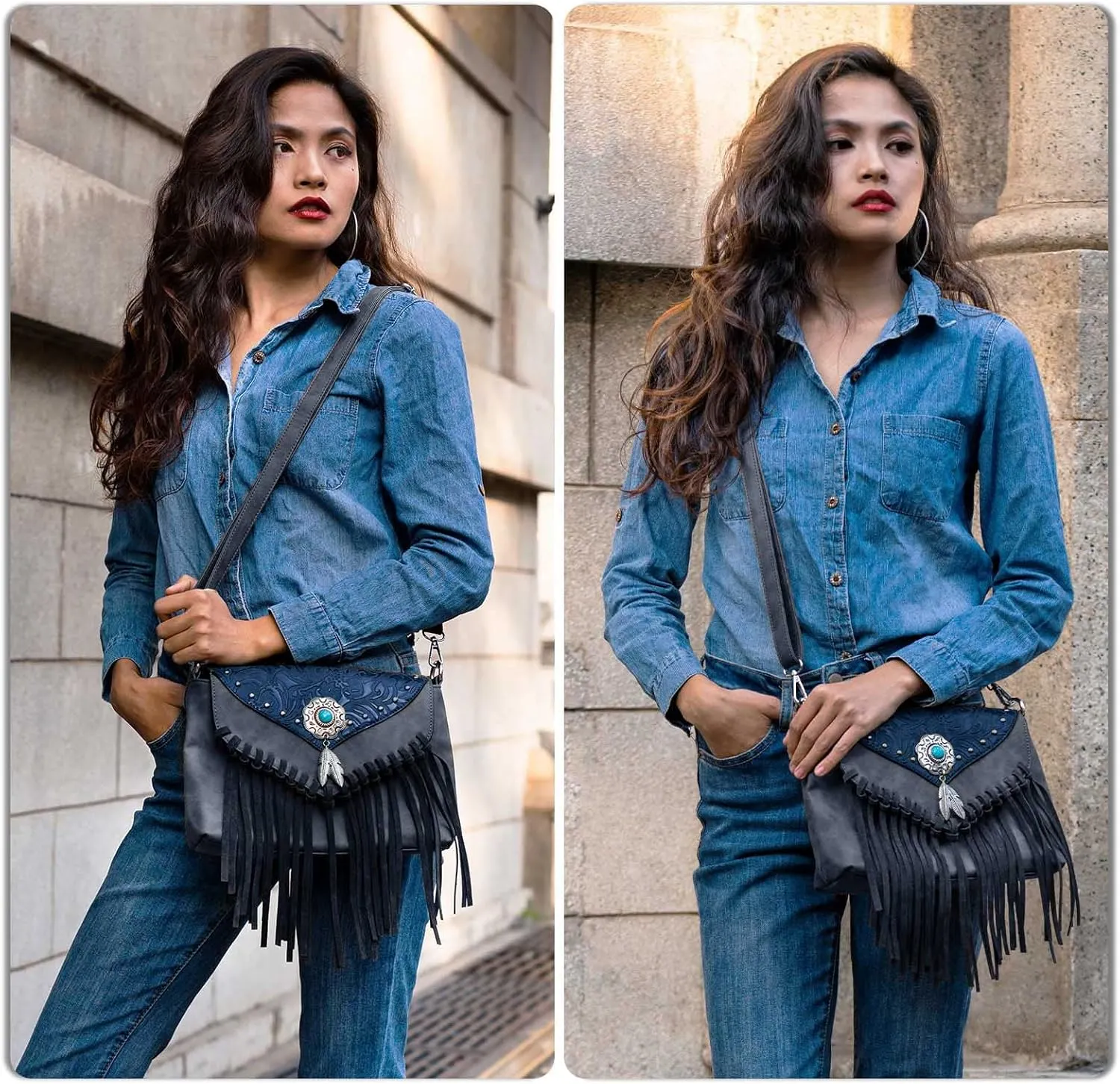 Small Crossbody Bags for Women Crossbody Handbag Fringe Purse Tassel Shoulder Bag Turquoise Concho Wallet