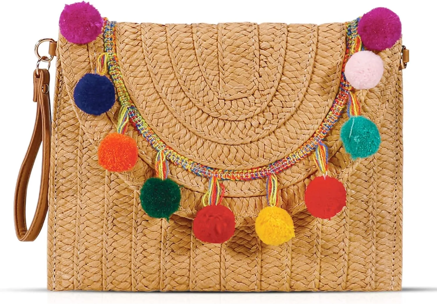 Straw Bag Crossbody Bag for Women, Color Ball Clutch Purses, Bohemian Handmade Woven Handbags, Summer Beach Bag, Envelope Wallet