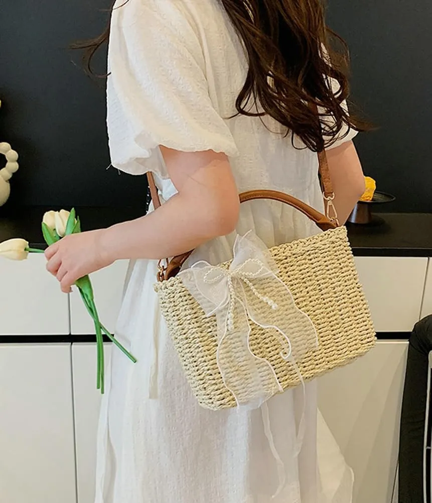 Straw Beach Bag for Women Woven Crossbody Shoulder Bags Top Handle Satchel Handbag Purse for Summer 2025
