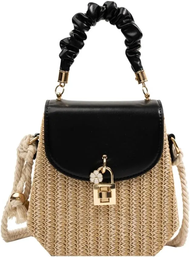 Straw Crossbody Bag for Women, Hand Woven Leather Top Handle Satchel Handbag Summer Beach Bag for Vacation