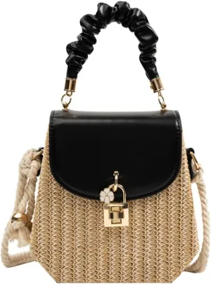 Straw Crossbody Bag for Women, Hand Woven Leather Top Handle Satchel Handbag Summer Beach Bag for Vacation
