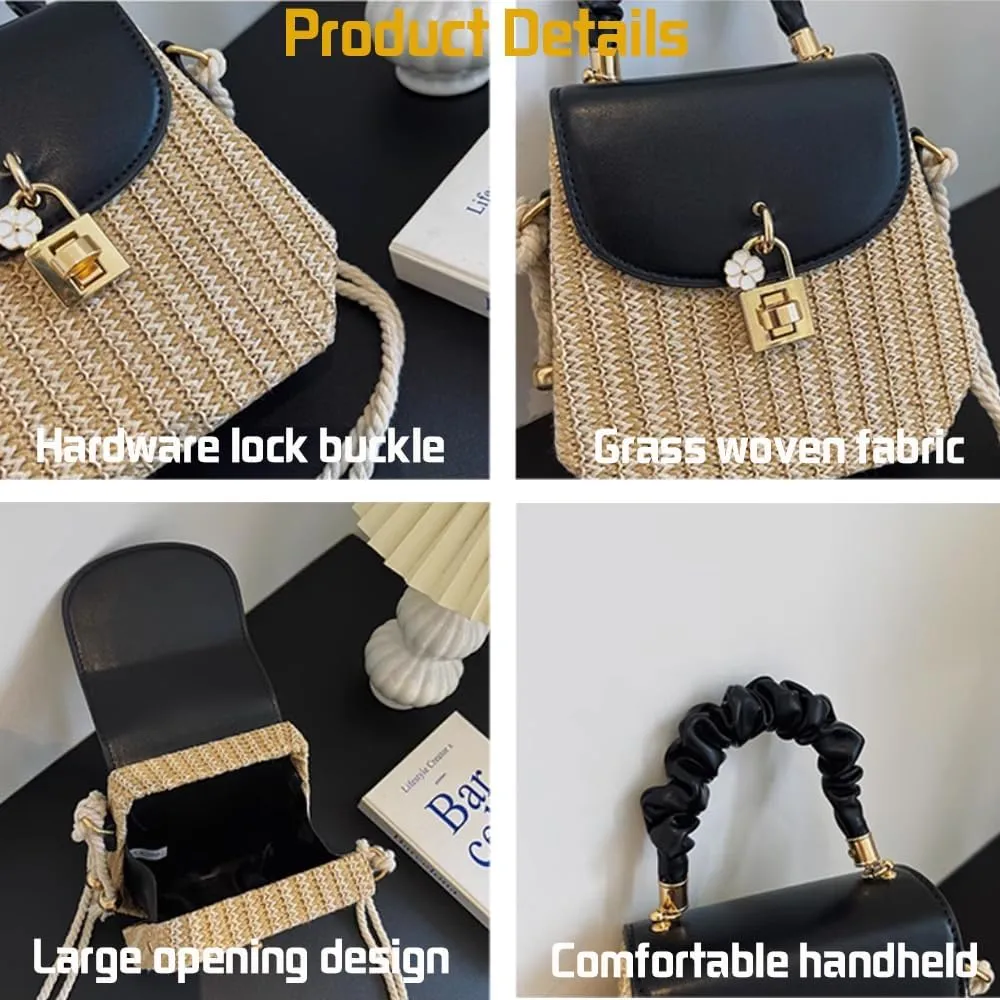 Straw Crossbody Bag for Women, Hand Woven Leather Top Handle Satchel Handbag Summer Beach Bag for Vacation