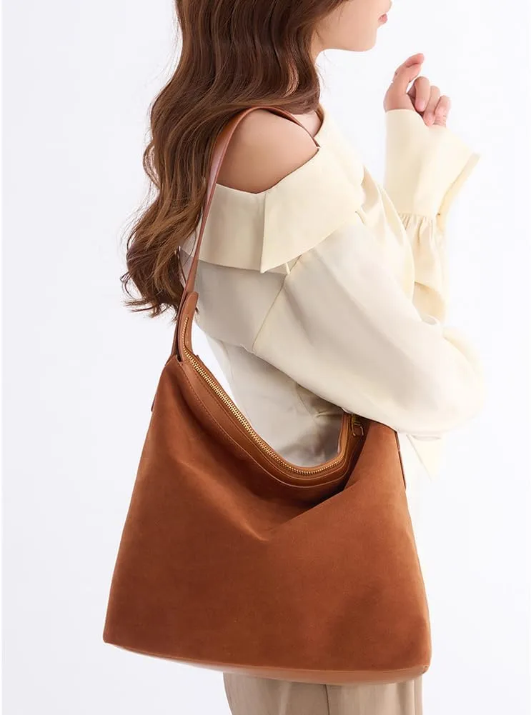 Suede Shoulder Bags for Women, Genuine Leather Suede Bucket Purse Vintage Suede Slouchy Bag 2024 Fall Bag