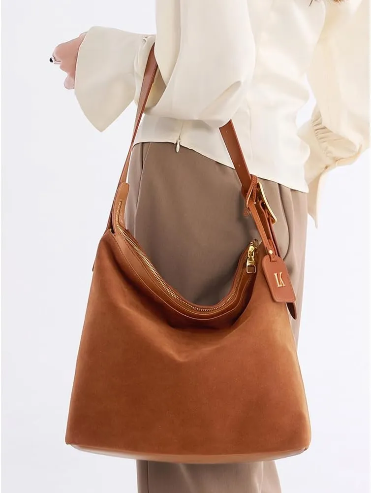 Suede Shoulder Bags for Women, Genuine Leather Suede Bucket Purse Vintage Suede Slouchy Bag 2024 Fall Bag