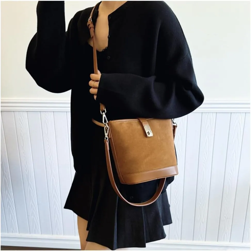 Suede Shoulder Bags for Women Retro Suede Bucket Crossbody Bag Suede Fall Purse Vintage Suede Handbag with Adjustable Strap