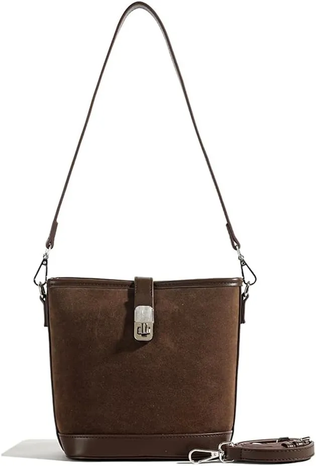 Suede Shoulder Bags for Women Retro Suede Bucket Crossbody Bag Suede Fall Purse Vintage Suede Handbag with Adjustable Strap