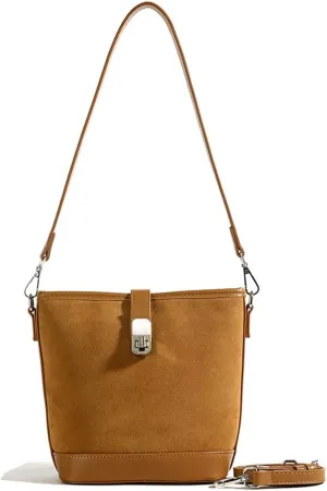 Suede Shoulder Bags for Women Retro Suede Bucket Crossbody Bag Suede Fall Purse Vintage Suede Handbag with Adjustable Strap