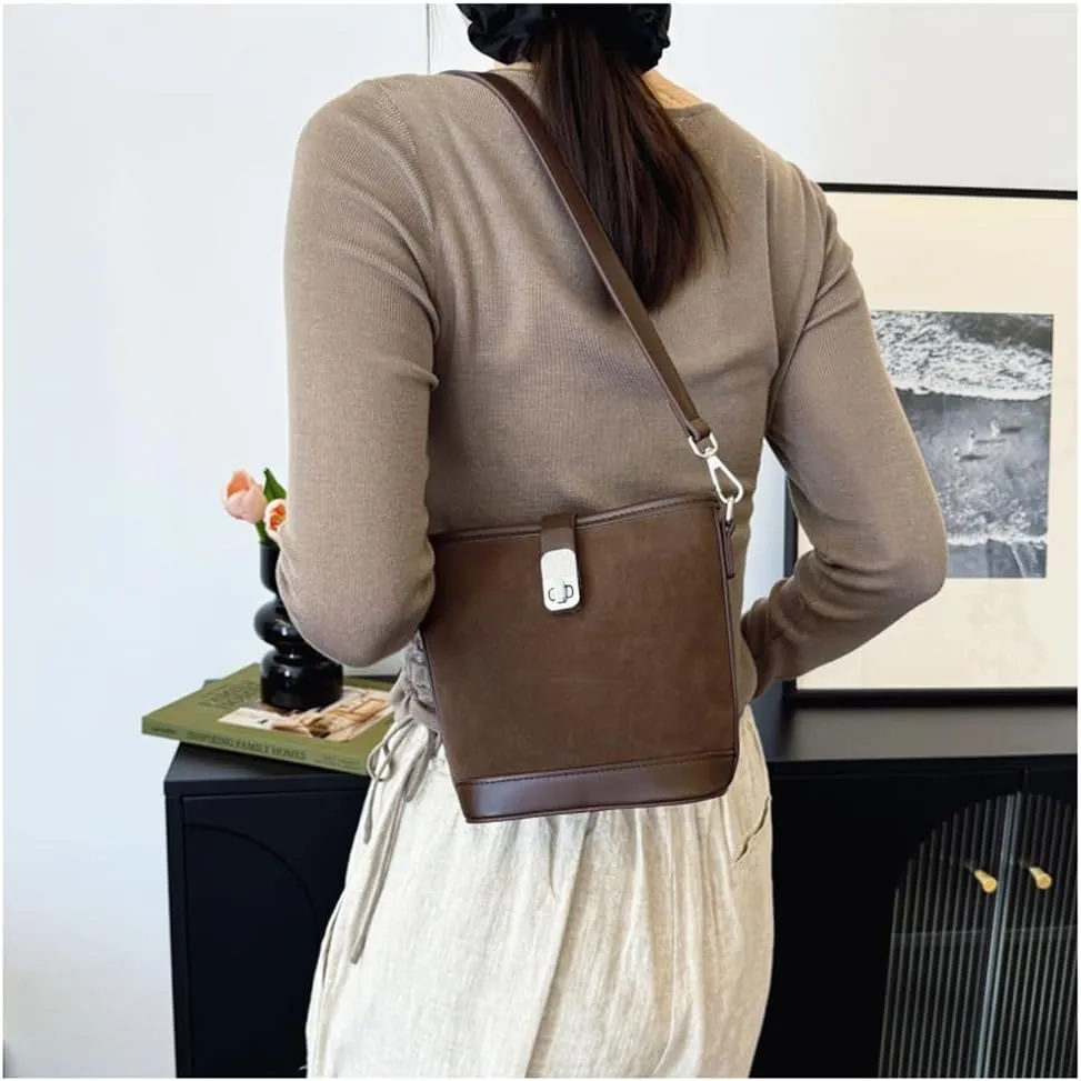 Suede Shoulder Bags for Women Retro Suede Bucket Crossbody Bag Suede Fall Purse Vintage Suede Handbag with Adjustable Strap