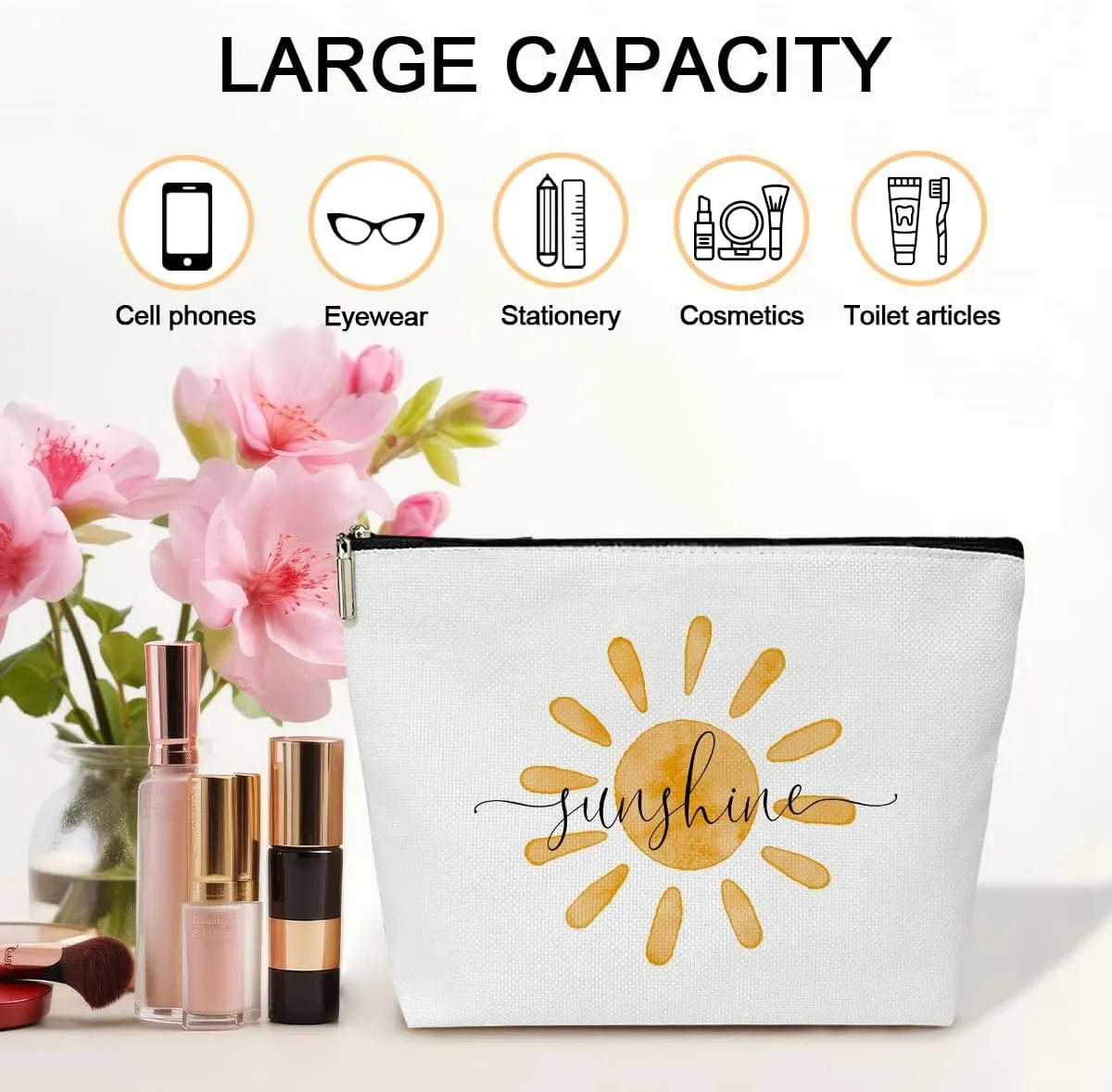 Summer Cosmetic Bag Sunshine Gifts for Women Canvas Make up Bag with Zipper Sun Pouch Bags Travel Toiletry Bag with Lining Multifunction Make up Bags Summer Gifts for Women Friends Coworkers - M744