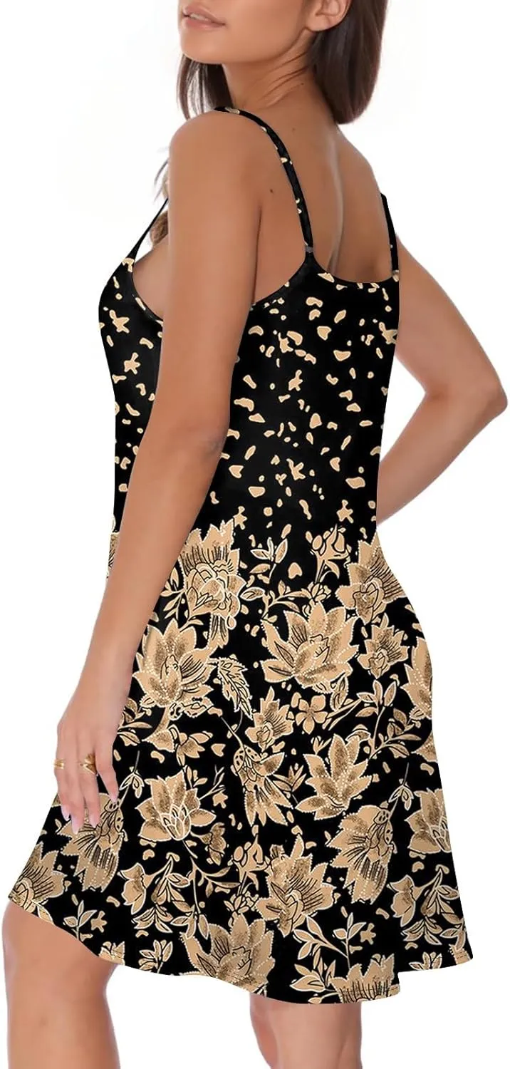 Summer Dresses for Women Casual Floral Mini Dress Beach Spaghetti Strap Sundresses Button Flowy Sleeveless a Line Dress