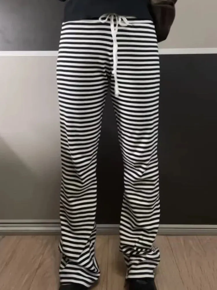 TAVIMART  -  Casual Women Fashion Black Striped Drawstring Wide Leg Trousers Summer Vintage High Waist Female Chic Bottoms