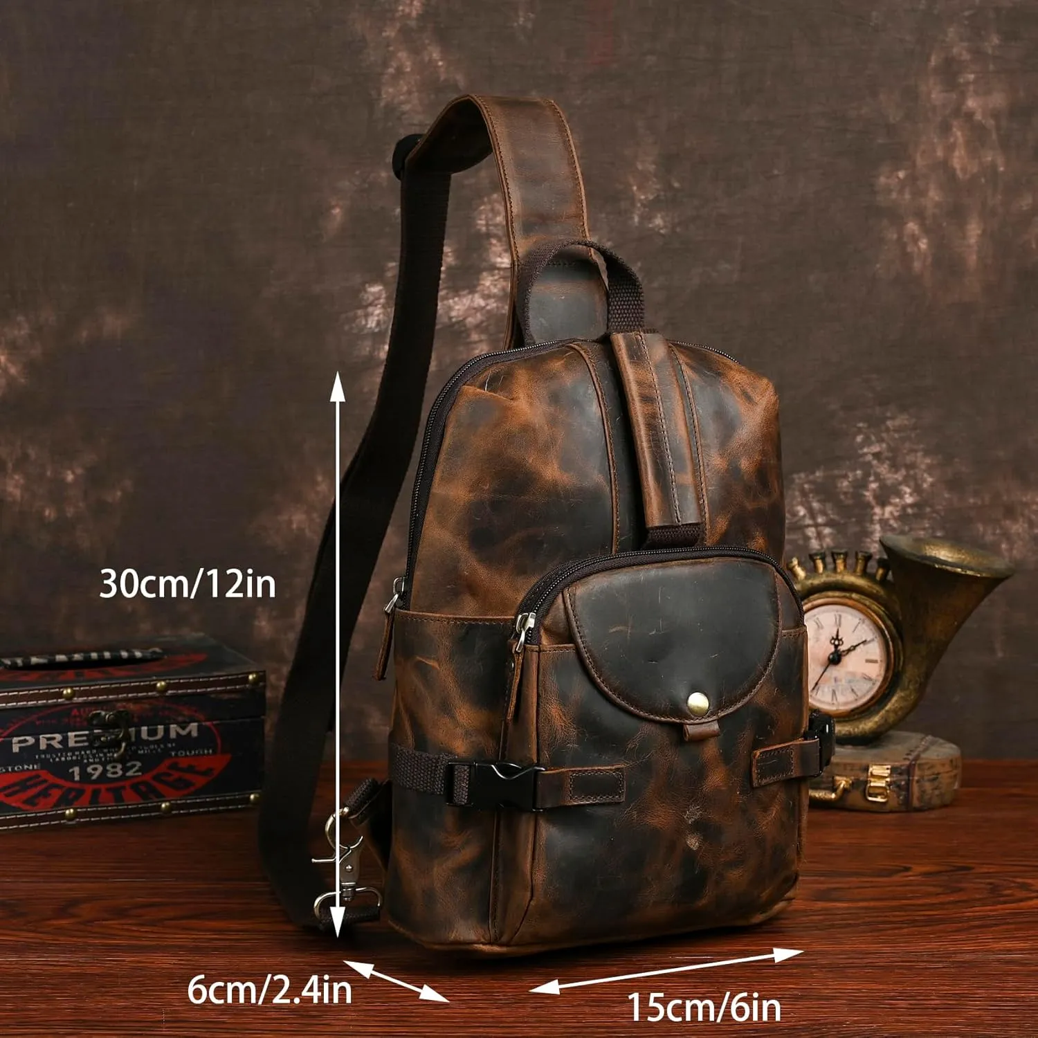 Thick Crazy horse Leather Triangle Crossbody Sling Chest Bag Travel One Shoulder Bag Daypack For Men Male 3028