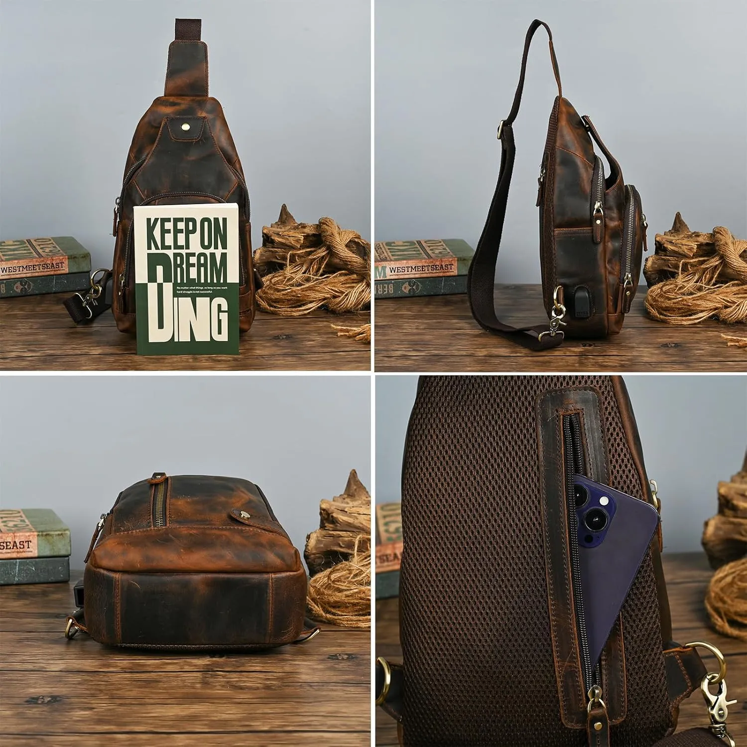 Thick Crazy horse Leather Triangle Crossbody Sling Chest Bag Travel One Shoulder Bag Daypack For Men Male 3028