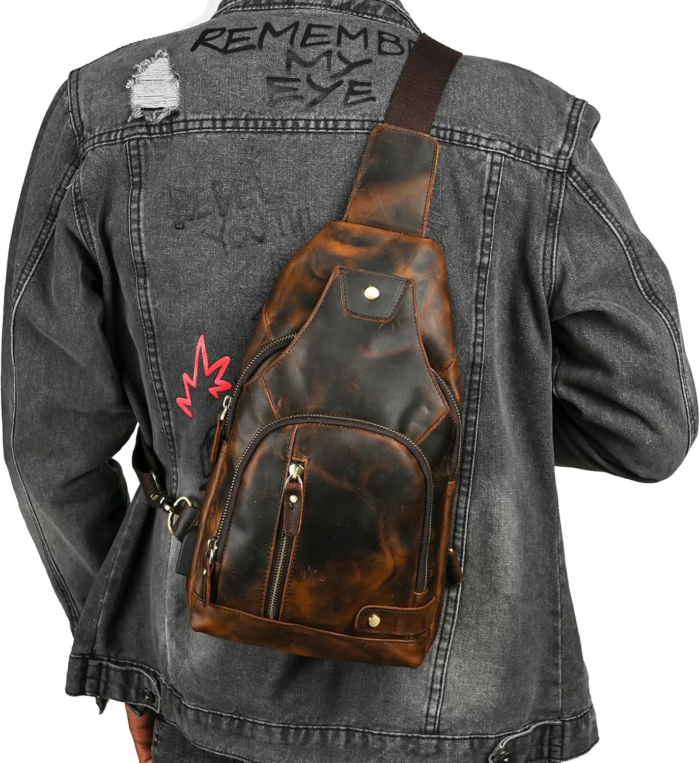 Thick Crazy horse Leather Triangle Crossbody Sling Chest Bag Travel One Shoulder Bag Daypack For Men Male 3028