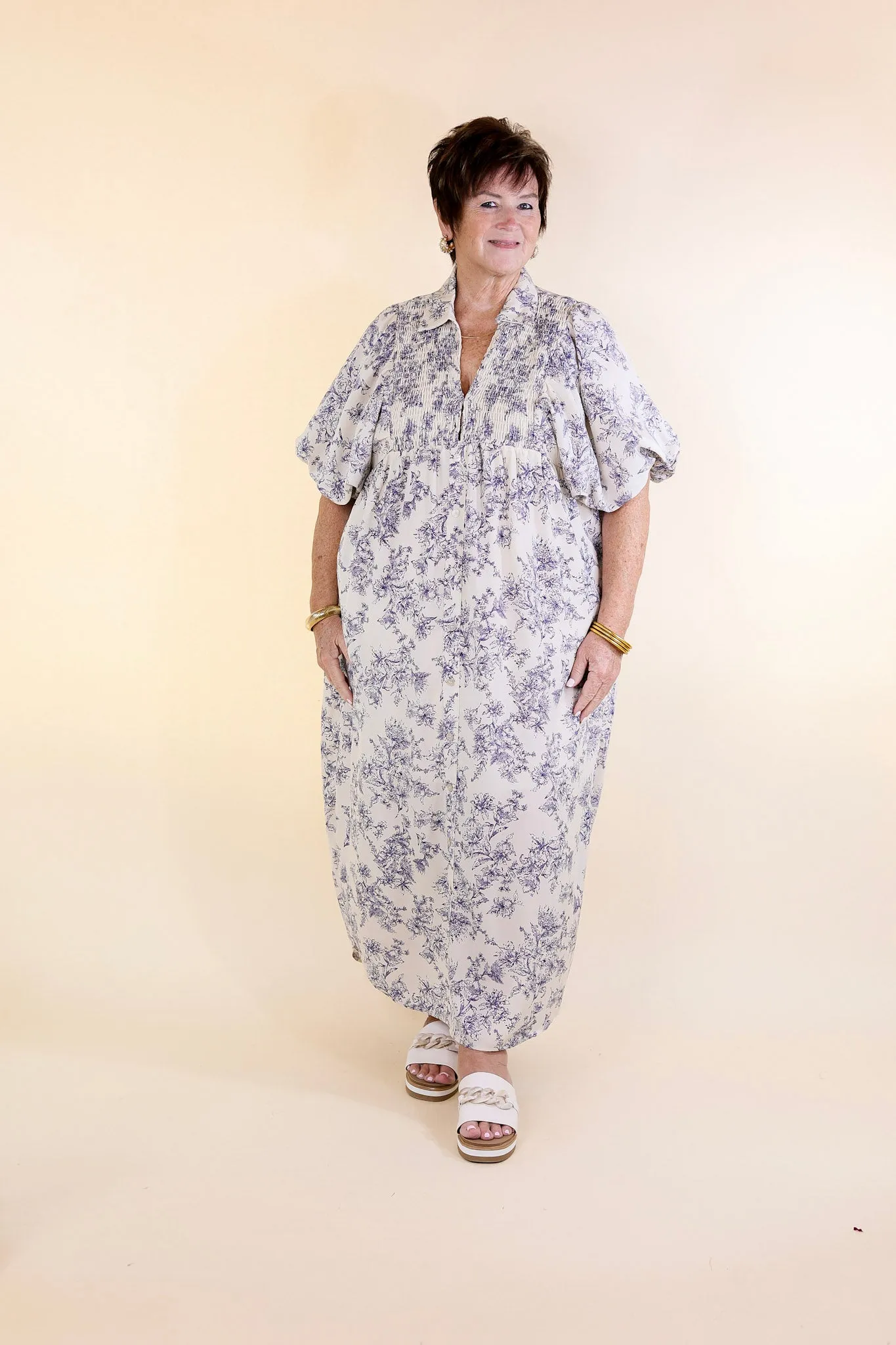 Timeless Blossom Floral Print Button Up Dress in Cream and Blue