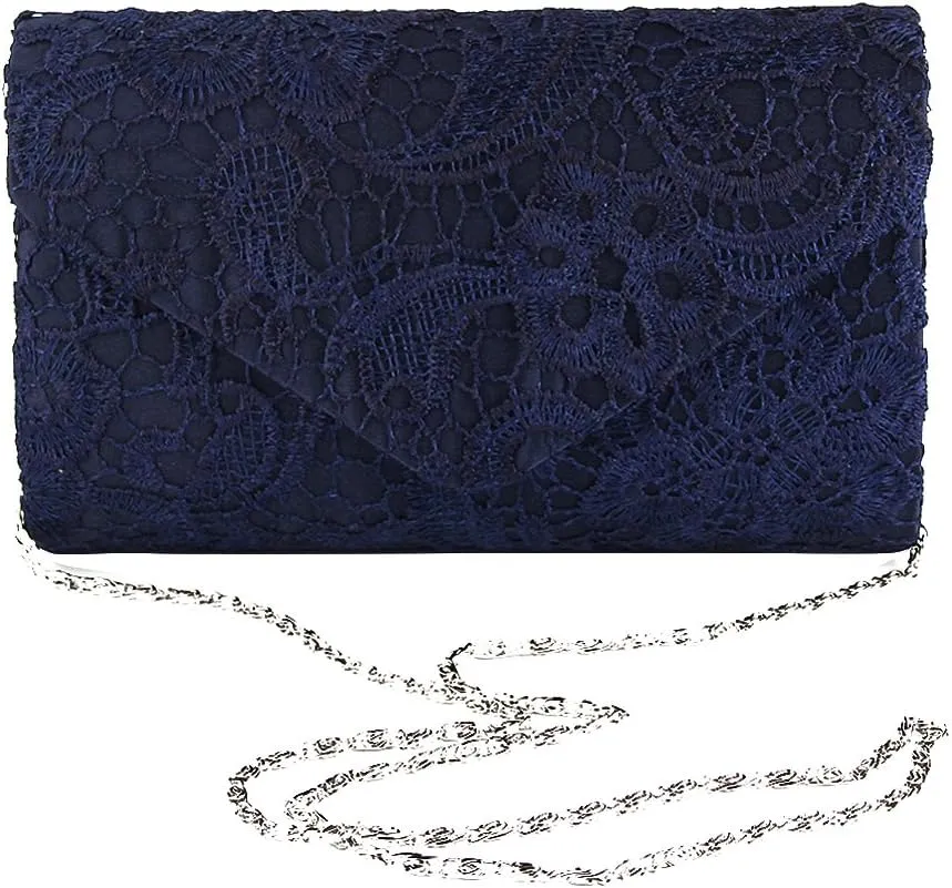 TOPCHANCES Womens Evening Clutch Ladies Floral Lace Envelope Handbags Wedding Bridal Purse Bag (Deep Blue)