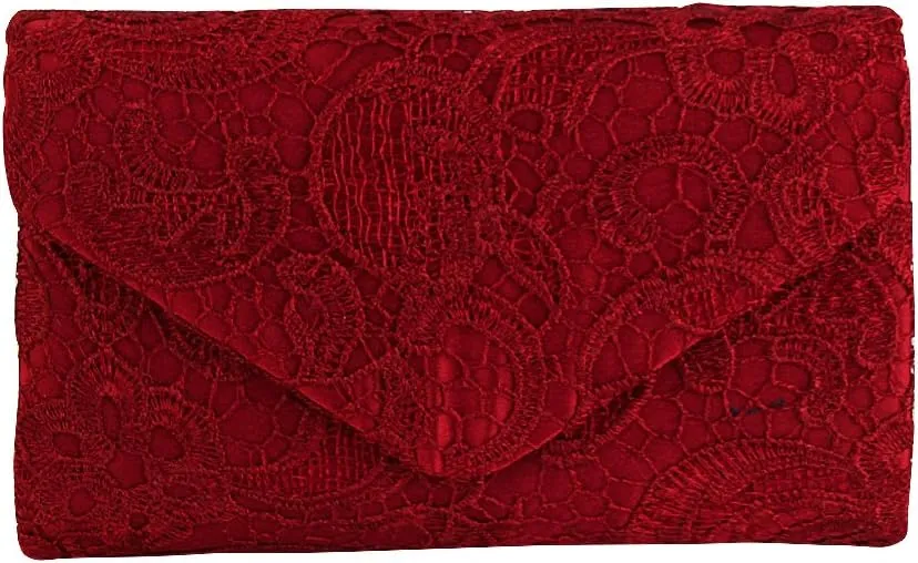TOPCHANCES Womens Evening Clutch Ladies Floral Lace Envelope Handbags Wedding Bridal Purse Bag (Red Wine)