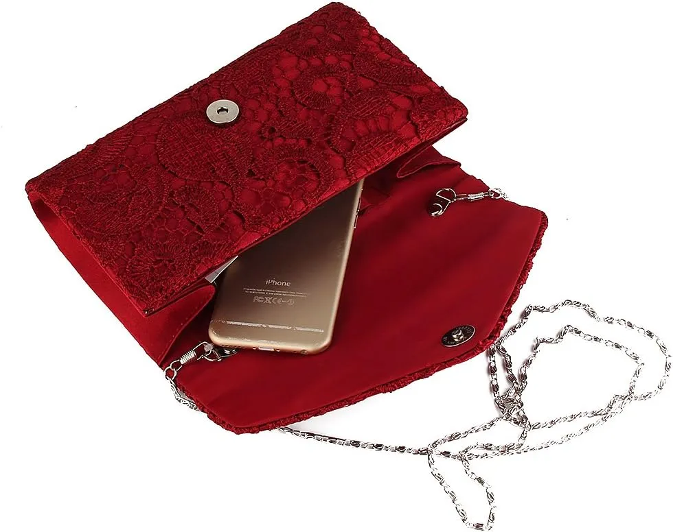 TOPCHANCES Womens Evening Clutch Ladies Floral Lace Envelope Handbags Wedding Bridal Purse Bag (Red Wine)