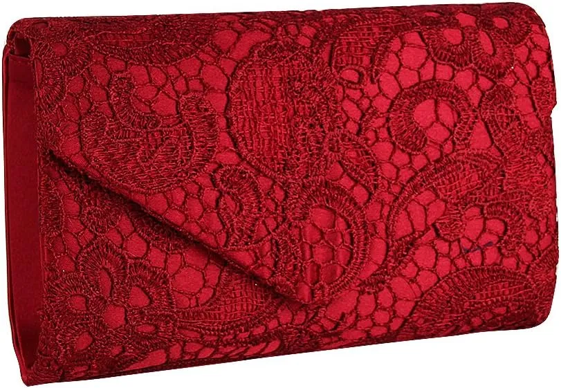 TOPCHANCES Womens Evening Clutch Ladies Floral Lace Envelope Handbags Wedding Bridal Purse Bag (Red Wine)