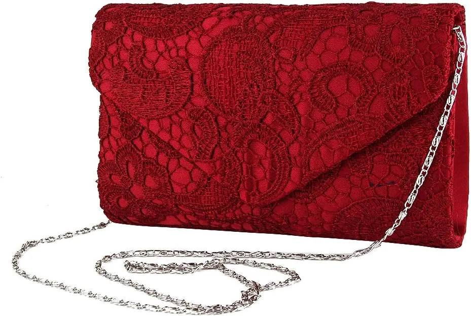 TOPCHANCES Womens Evening Clutch Ladies Floral Lace Envelope Handbags Wedding Bridal Purse Bag (Red Wine)