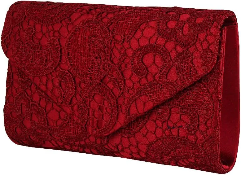 TOPCHANCES Womens Evening Clutch Ladies Floral Lace Envelope Handbags Wedding Bridal Purse Bag (Red Wine)
