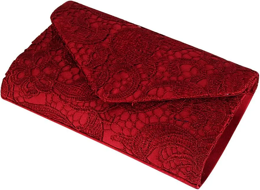 TOPCHANCES Womens Evening Clutch Ladies Floral Lace Envelope Handbags Wedding Bridal Purse Bag (Red Wine)