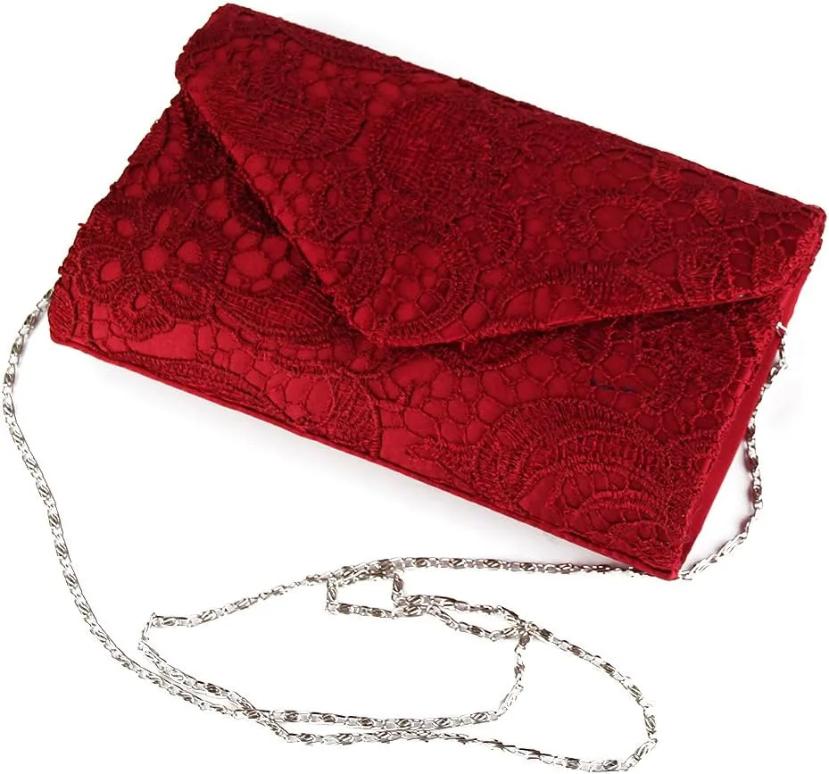 TOPCHANCES Womens Evening Clutch Ladies Floral Lace Envelope Handbags Wedding Bridal Purse Bag (Red Wine)