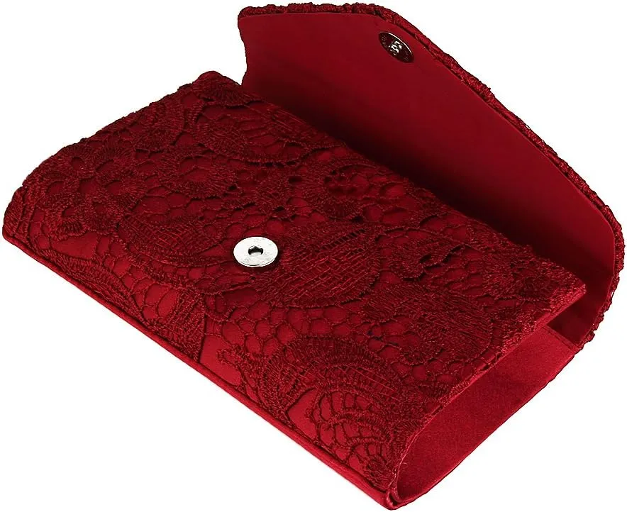 TOPCHANCES Womens Evening Clutch Ladies Floral Lace Envelope Handbags Wedding Bridal Purse Bag (Red Wine)