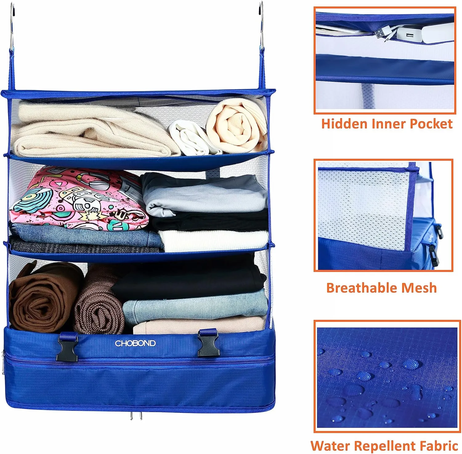Travel Luggage Organizer Portable Hanging Travel Shelves Bag Multiple Compartments Packing Cube Organizer for Carry on Closet Suitcase Blue