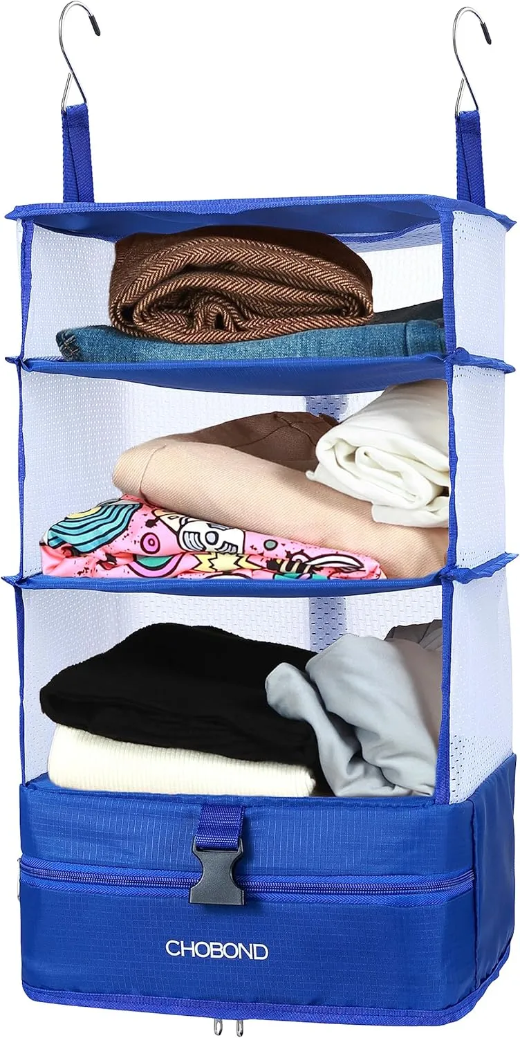 Travel Luggage Organizer Portable Hanging Travel Shelves Bag Multiple Compartments Packing Cube Organizer for Carry on Closet Suitcase Blue