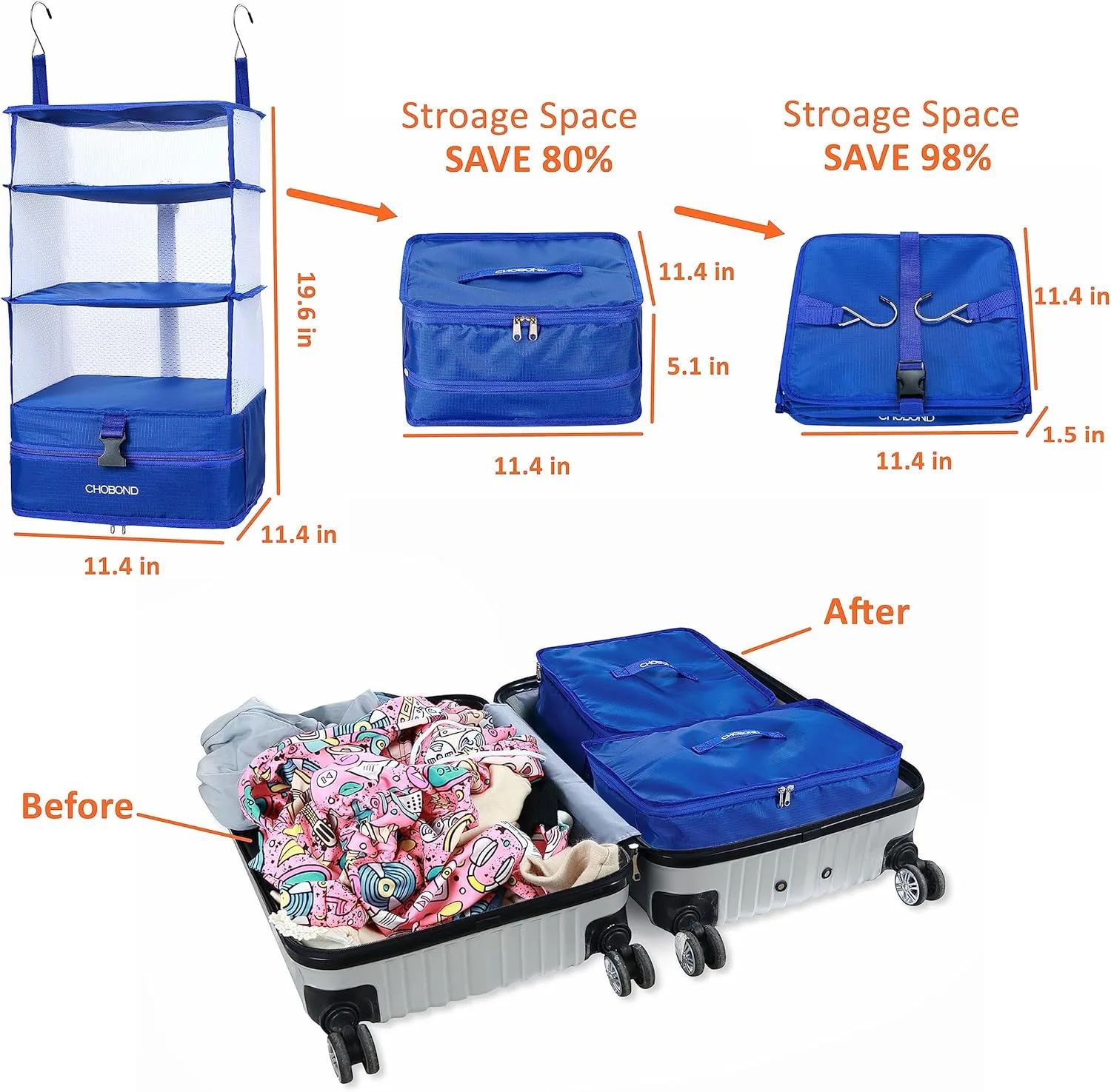 Travel Luggage Organizer Portable Hanging Travel Shelves Bag Multiple Compartments Packing Cube Organizer for Carry on Closet Suitcase Blue