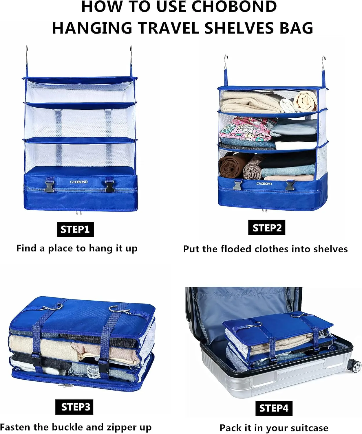 Travel Luggage Organizer Portable Hanging Travel Shelves Bag Multiple Compartments Packing Cube Organizer for Carry on Closet Suitcase Blue