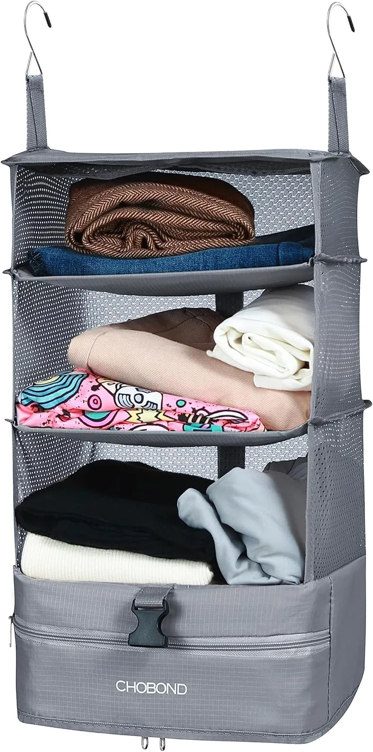 Travel Luggage Organizer Portable Hanging Travel Shelves Bag Multiple Compartments Packing Cube Organizer for Carry on Closet Suitcase Gray