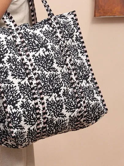 White Coral Printed Quilted  Tote Bag with Inner Pocket