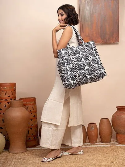 White Coral Printed Quilted  Tote Bag with Inner Pocket