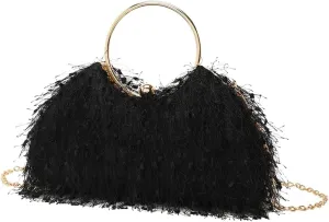 Women Feather Evening Clutch Bag Fluffy Purse Elegant Tote Handbag Vintage Shoulder Crossbody Bag for Wedding