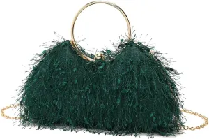 Women Feather Evening Clutch Bag Fluffy Purse Elegant Tote Handbag Vintage Shoulder Crossbody Bag for Wedding