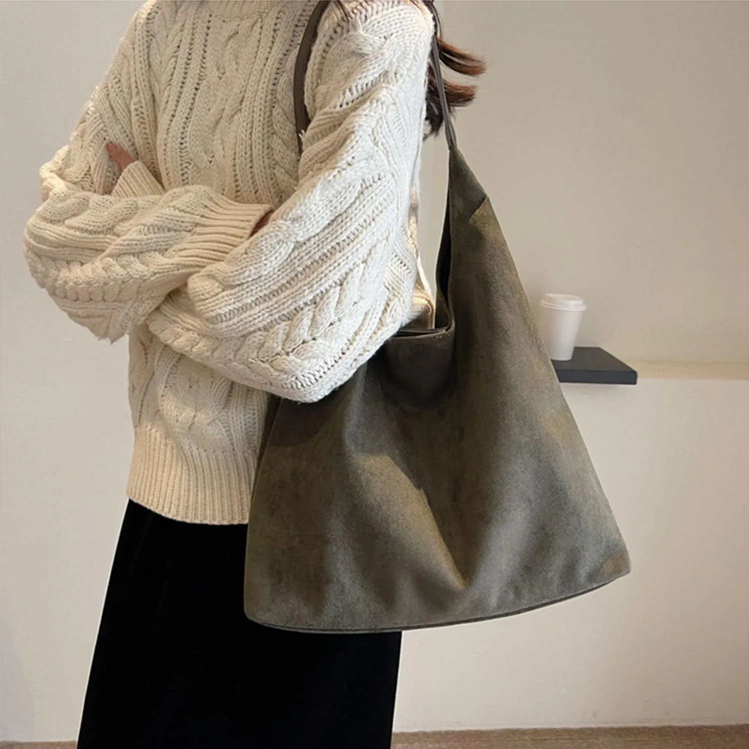 Women Suede Hobo Bags - Vintage Leather Slouchy Shoulder Tote Handbag