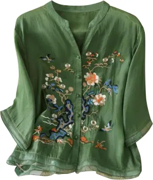 Womens 3/4 Sleeve Linen Shirts 2025 Cotton Summer Retro Embroidered Boho Tops Dressy Casual Beach Vacation Blouses