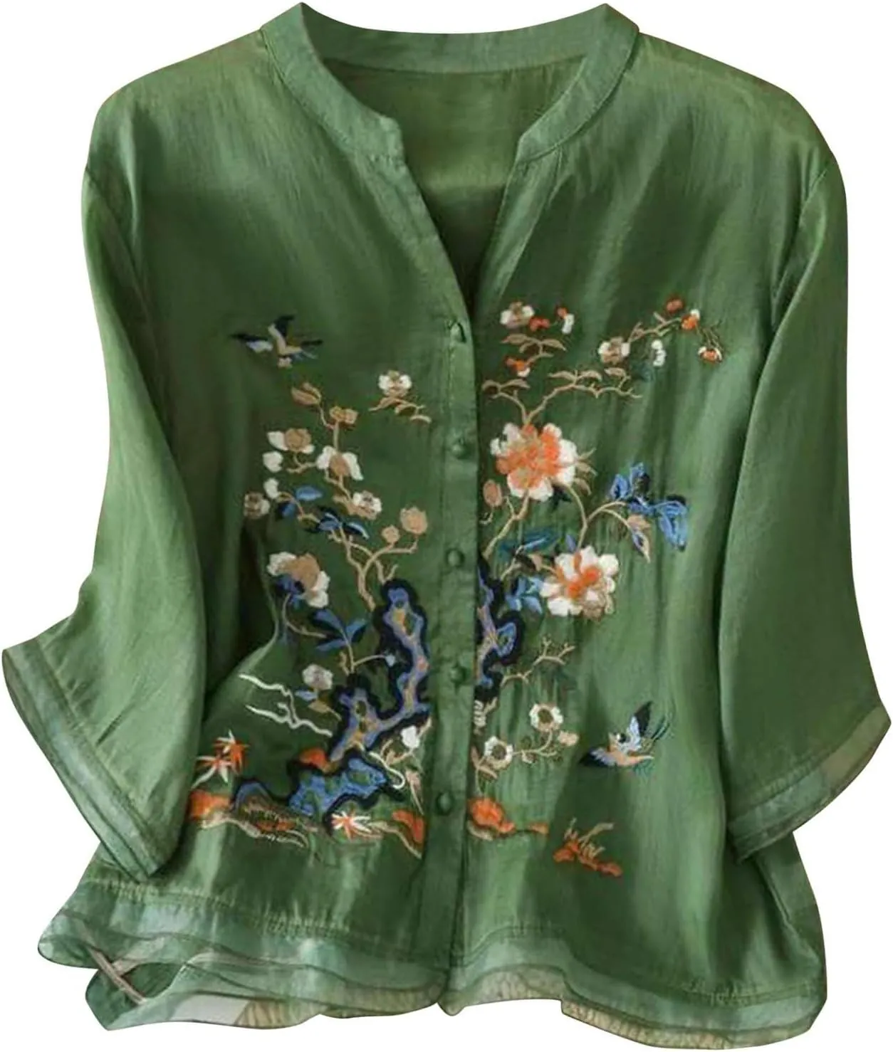 Womens 3/4 Sleeve Linen Shirts 2025 Cotton Summer Retro Embroidered Boho Tops Dressy Casual Beach Vacation Blouses