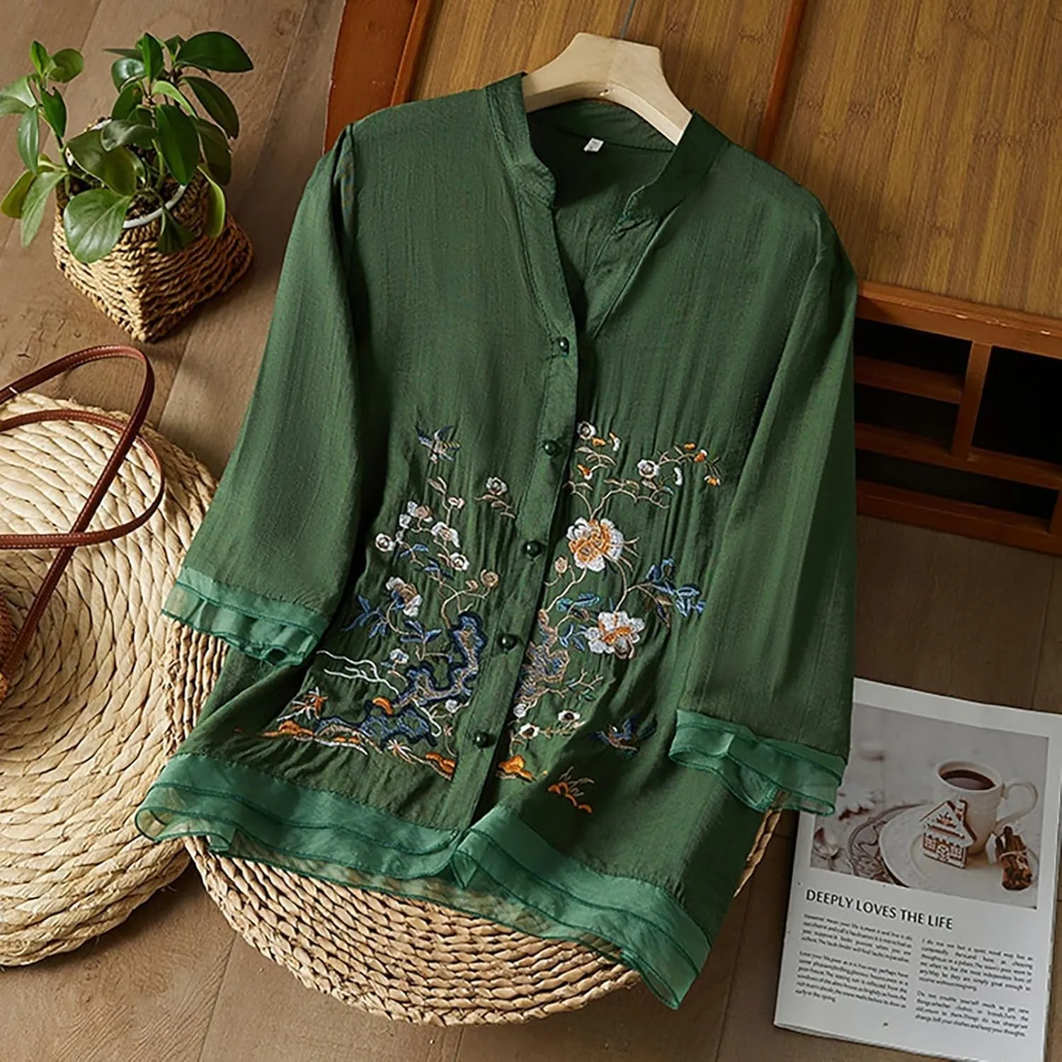 Womens 3/4 Sleeve Linen Shirts 2025 Cotton Summer Retro Embroidered Boho Tops Dressy Casual Beach Vacation Blouses