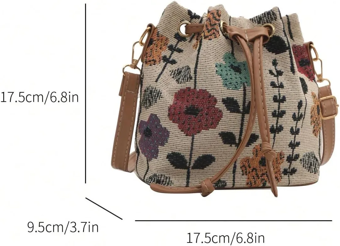 Women's Floral Drawstring Bucket Bag Vintage Crossbody Bags Adjustable Strap Mini Canvas Purses