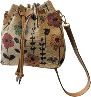 Women's Floral Drawstring Bucket Bag Vintage Crossbody Bags Adjustable Strap Mini Canvas Purses