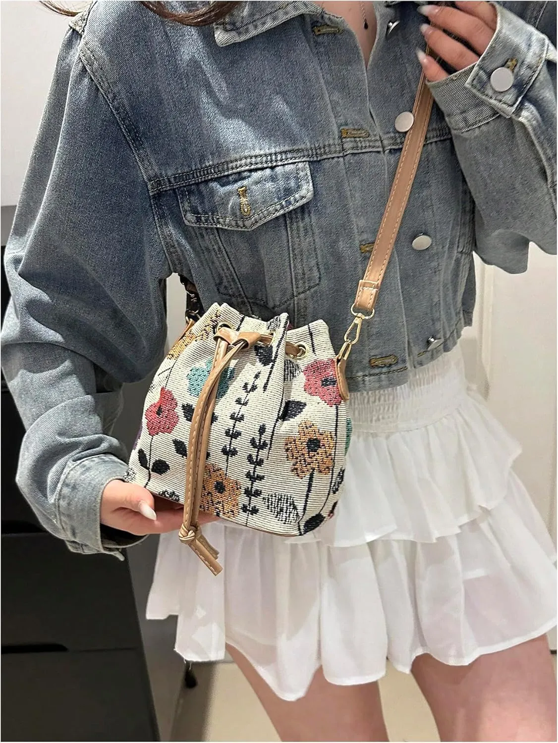 Women's Floral Drawstring Bucket Bag Vintage Crossbody Bags Adjustable Strap Mini Canvas Purses